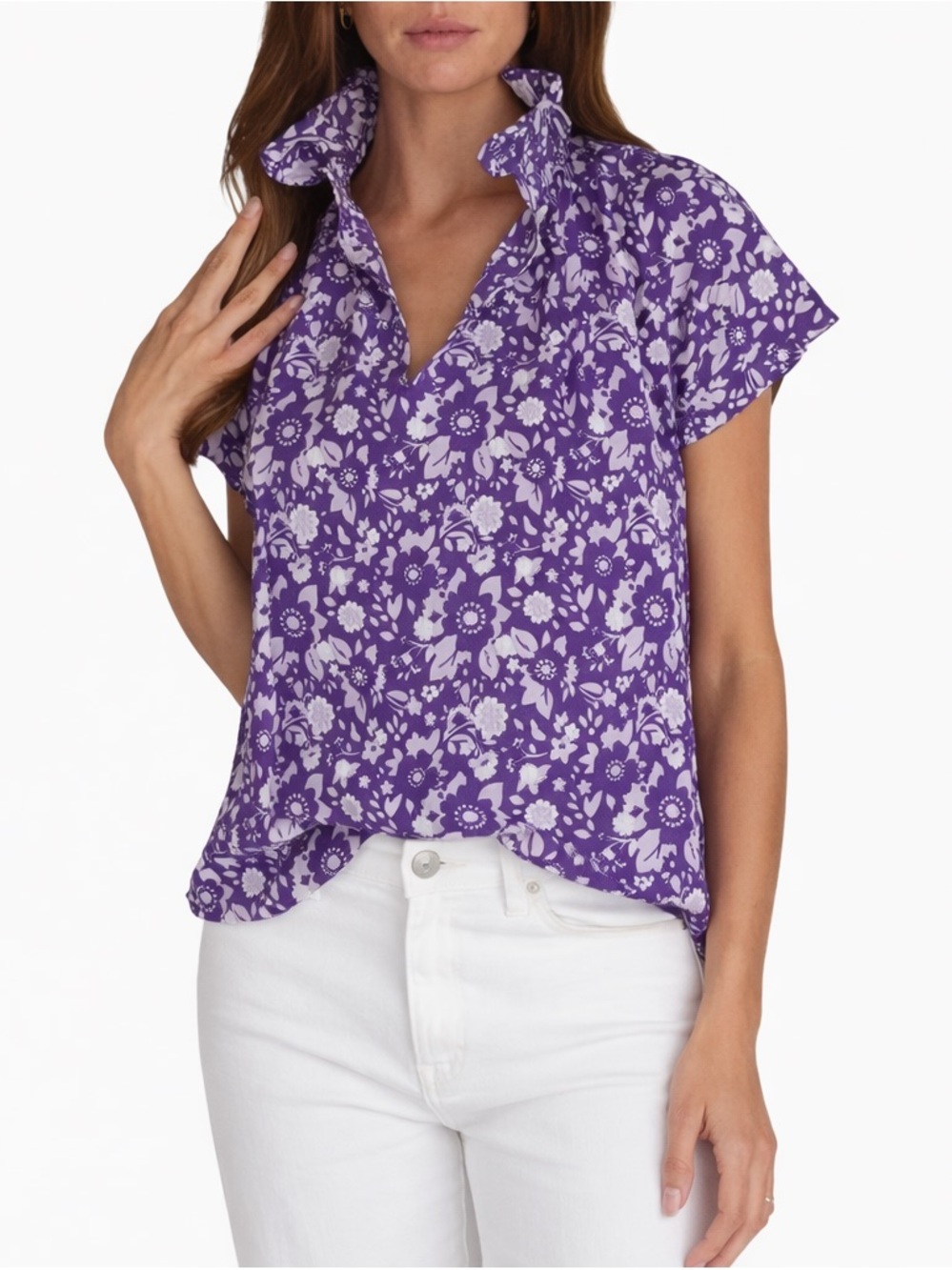 Never A Wallflower Floral Cotton Blouse Purple White Sz L NWT